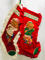 Vintage Handmade Christmas Stocking SET Red Quilted With Mr & Mrs Teddy Bears Lace Trim