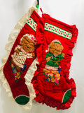 Vintage Handmade Christmas Stocking SET Red Quilted With Mr & Mrs Teddy Bears Lace Trim