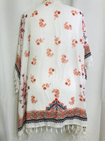 Sheer White Floral Fringe Open Front Flowy Shawl/Cardigan/Cover Up Ladies ONE SIZE