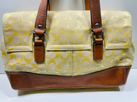 Coach F13070 Hampton Sachel Purse Yellow/Gold Signature Large Purse SHOWS WEAR/STAINING 12" x 10"